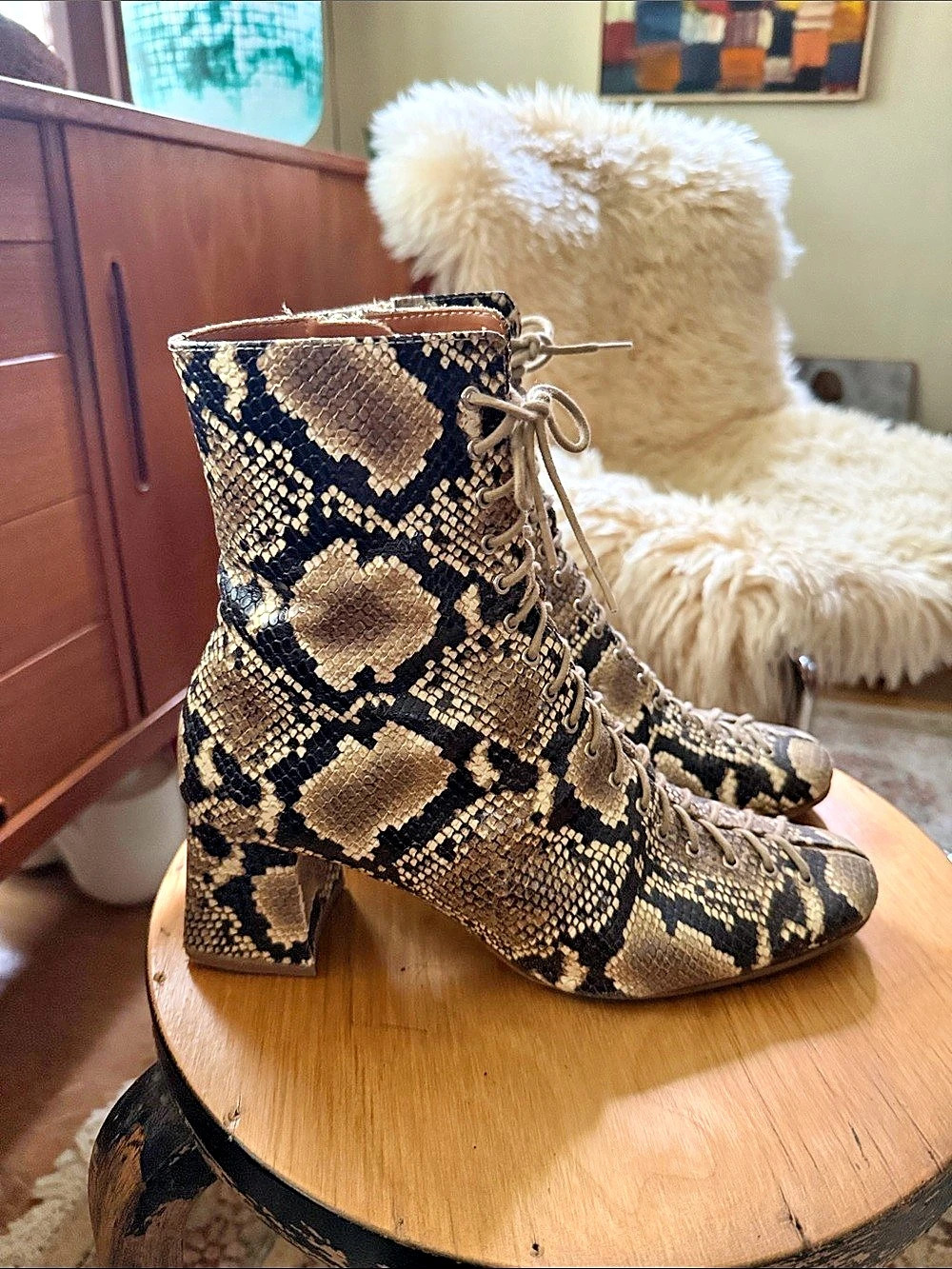 BY FAR Becca Women's Snakeskin Print Heeled Ankle Boots